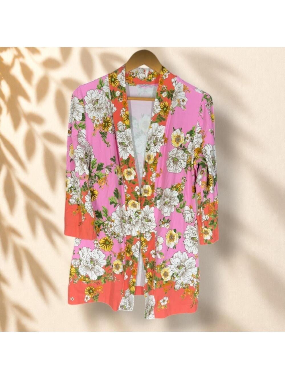 Isaac Mizrahi Top Women M Medium Pink Floral 3/4 Sleeve Cotton Open Front Casual